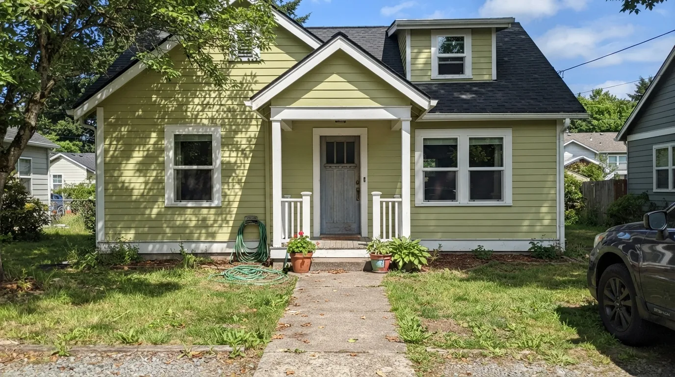 Sage Brush siding in full sun — the light where it reads exactly like its name, a clean garden green against white trim.