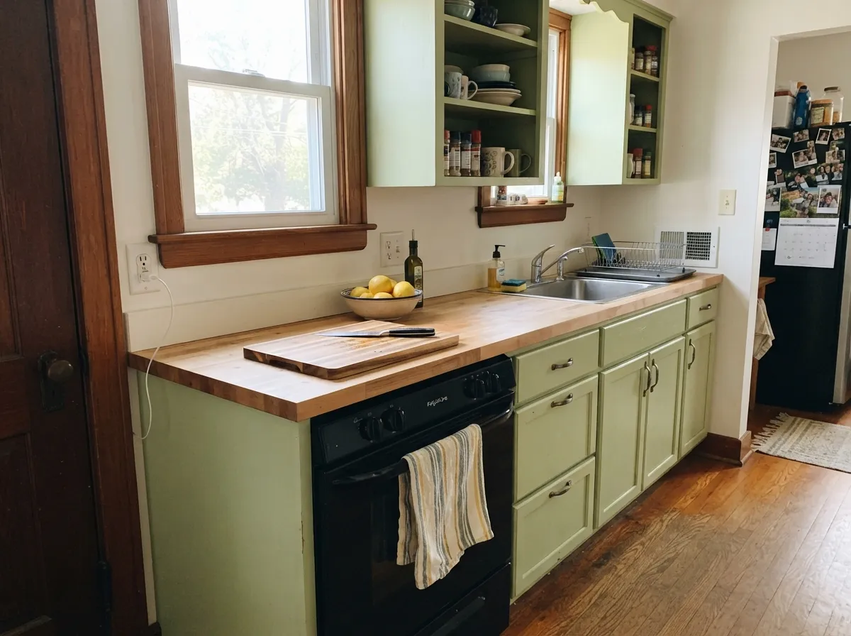 In the cabinet-and-trim enamel, Sage Brush holds a true green next to warm white walls and butcher block.