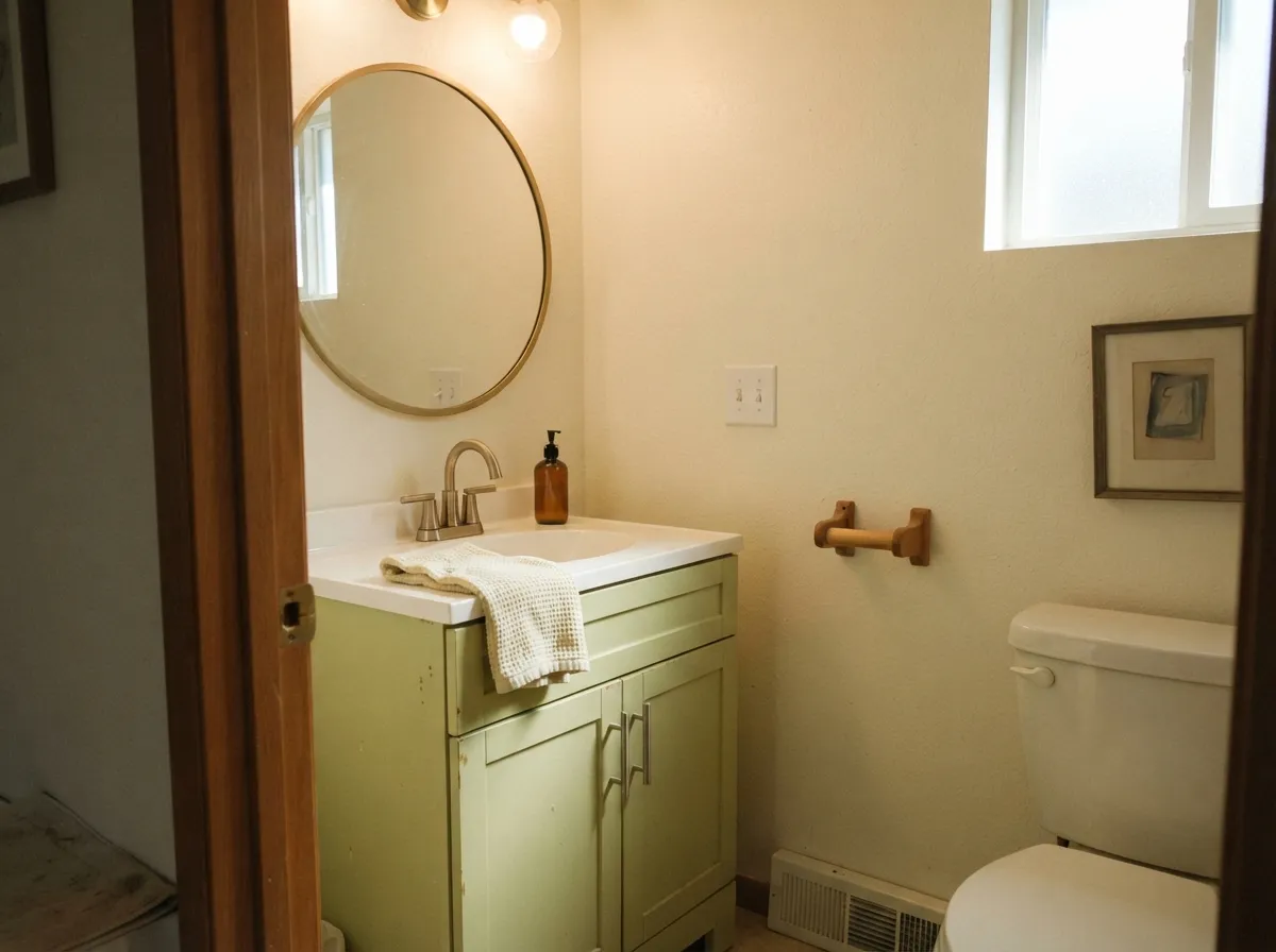 A single vanity is the low-risk way to try the color — a real green, not a gray one, against warm cream walls.
