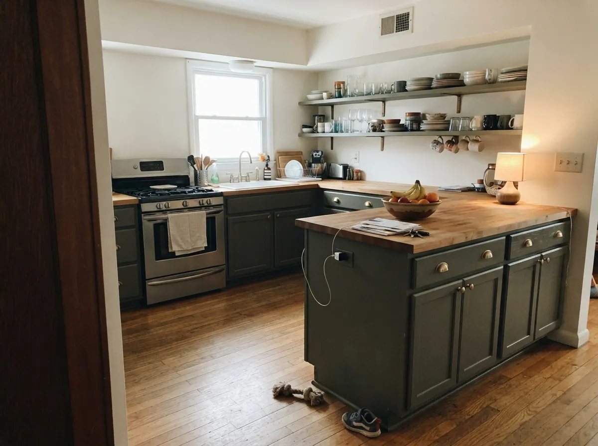 Sage Green kitchen cabinets with brass hardware against warm-white walls.