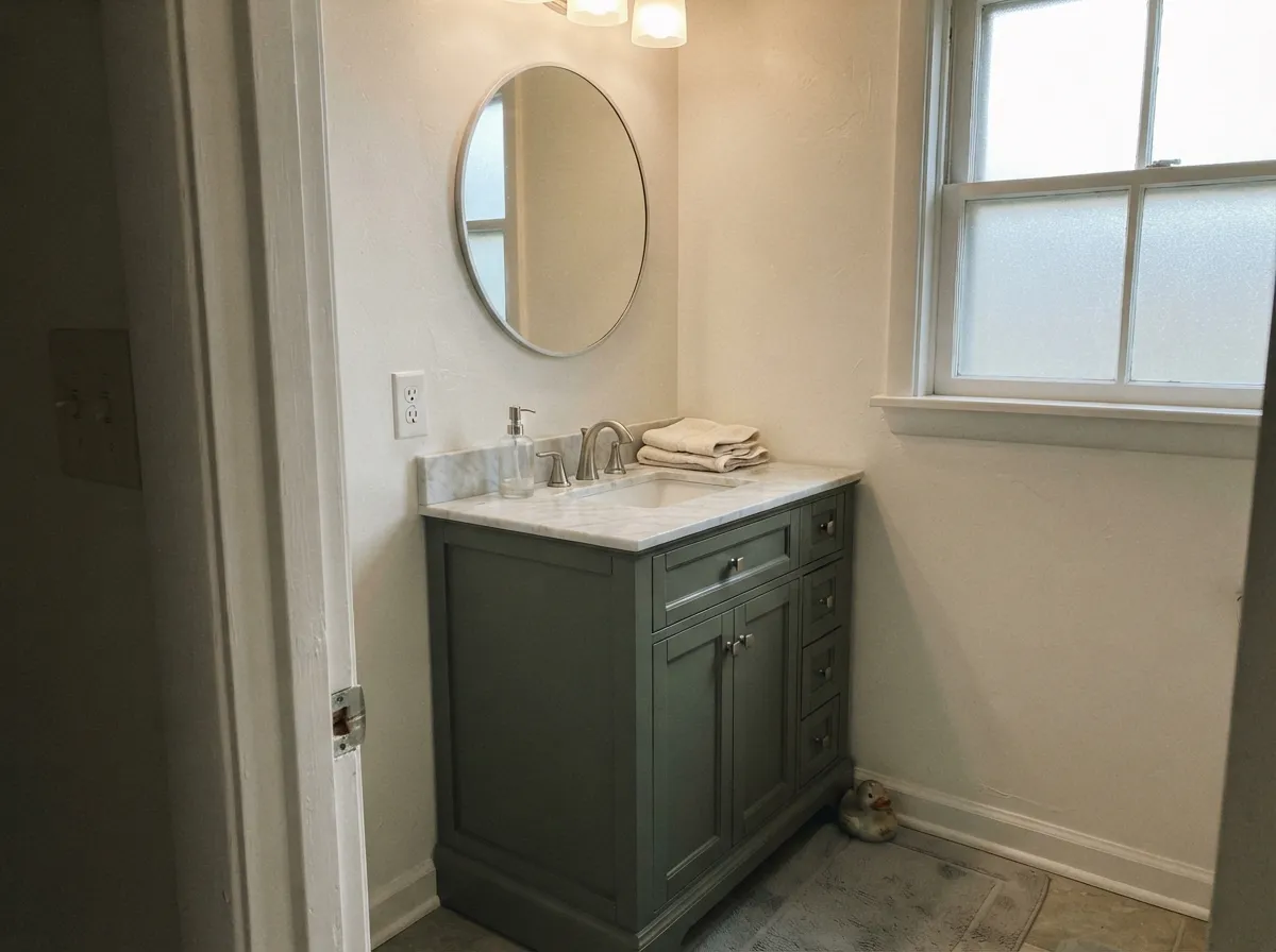 Sage Green bathroom vanity under a marble top in daylight.