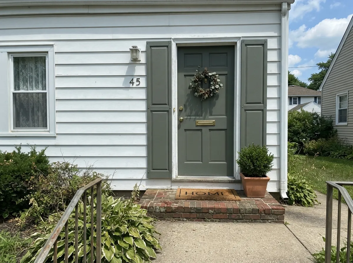 Sage Green front door and shutters against white siding in full sun.