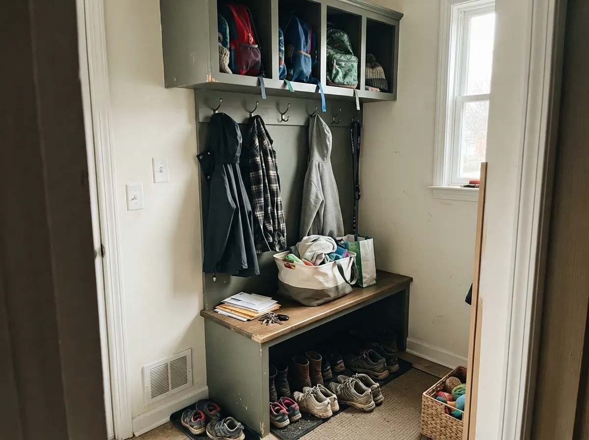 Sage Green mudroom built-ins with bench seating and coat hooks.