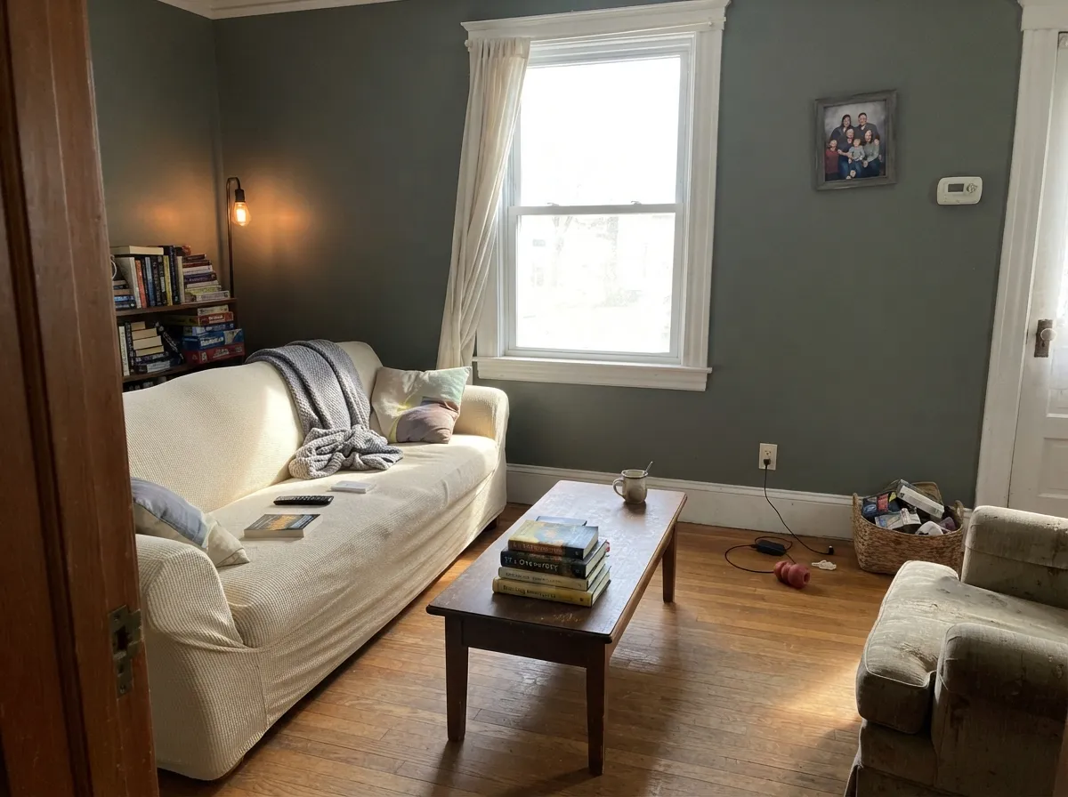 Sage Green living room walls in bright south-facing daylight.