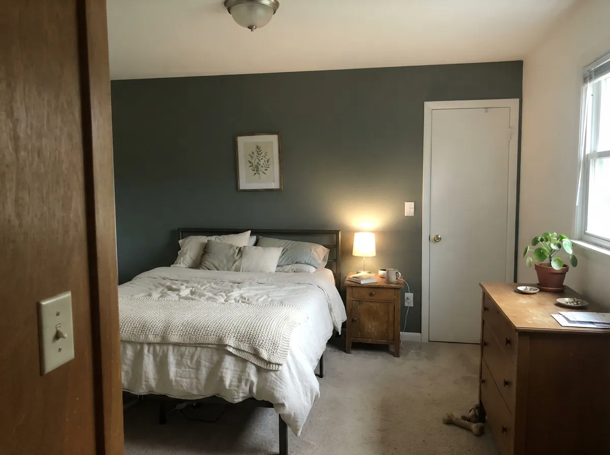 Sage Green painted on a single bedroom accent wall behind the headboard.