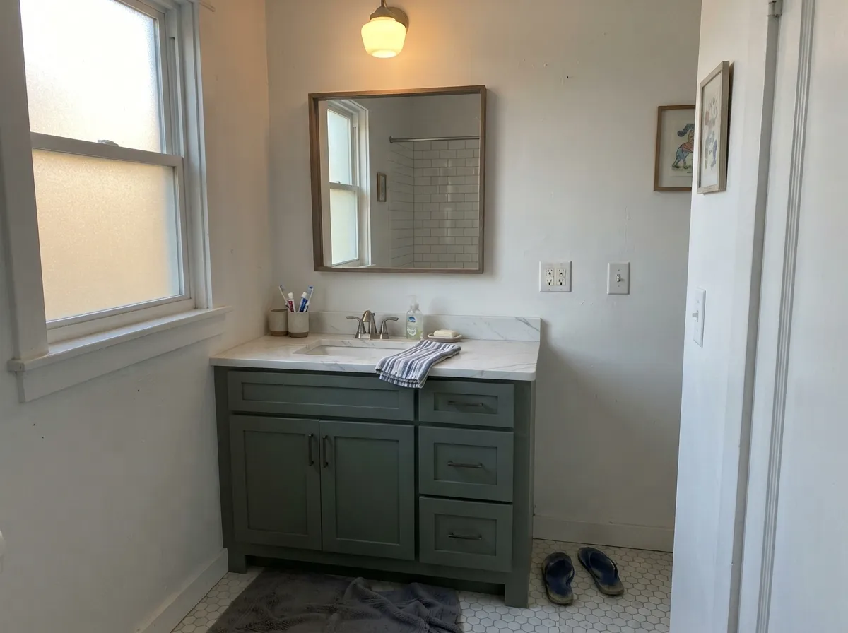 The same green on a bathroom vanity: enough color to feel custom, small enough to be a weekend project.
