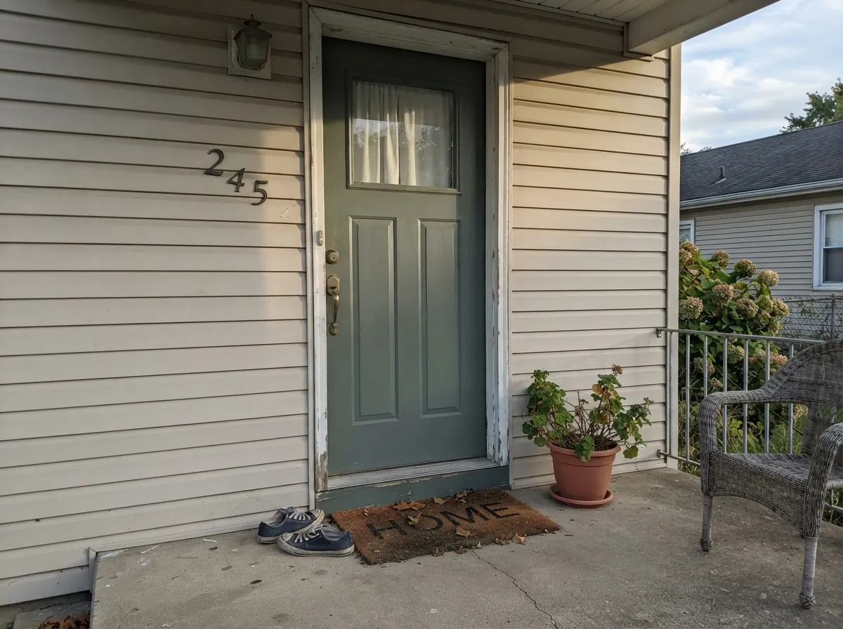 On a front door against a light exterior, the cool undertone reads deliberate — not another pale trend color.