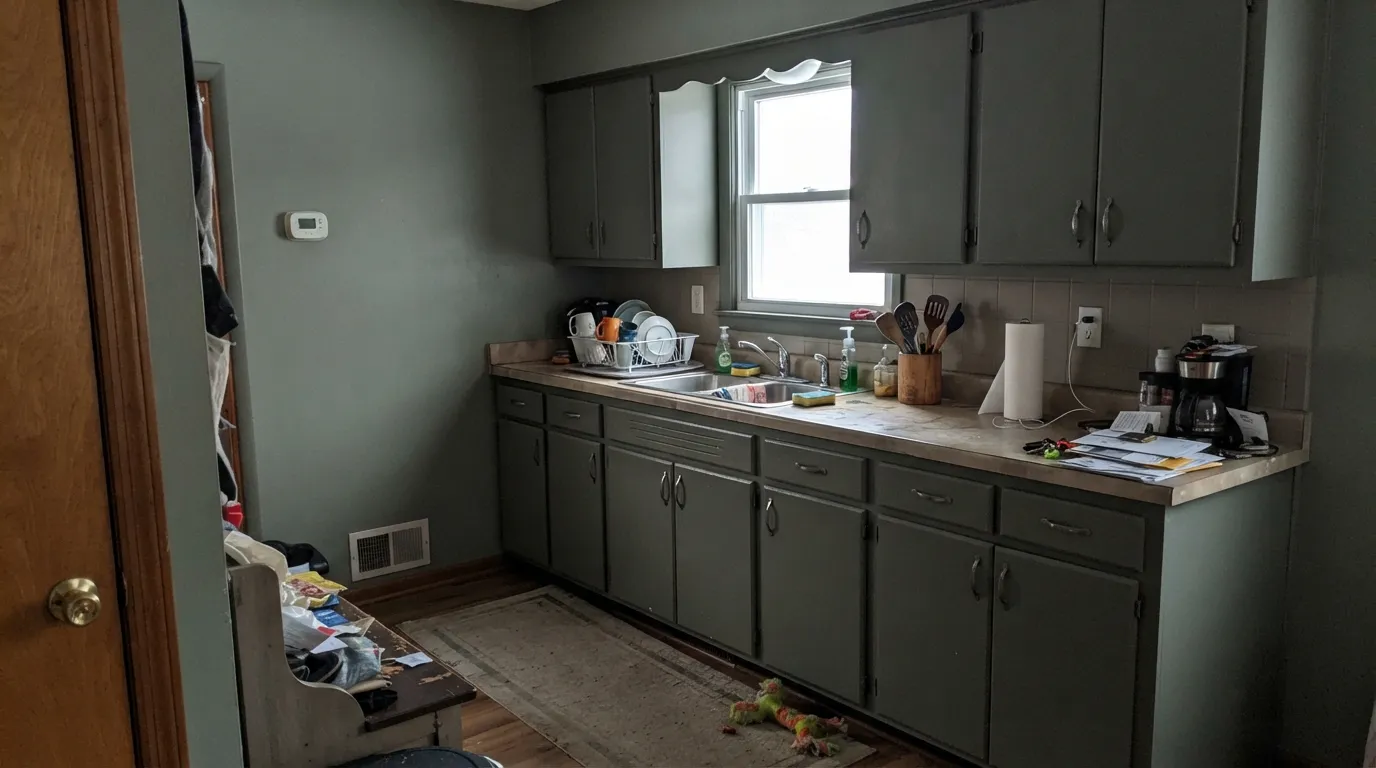 The honest shot: cool overcast north light with no lamps on, and the green flattens toward muddy charcoal-gray — the exact complaint behind most of the disappointed reviews.