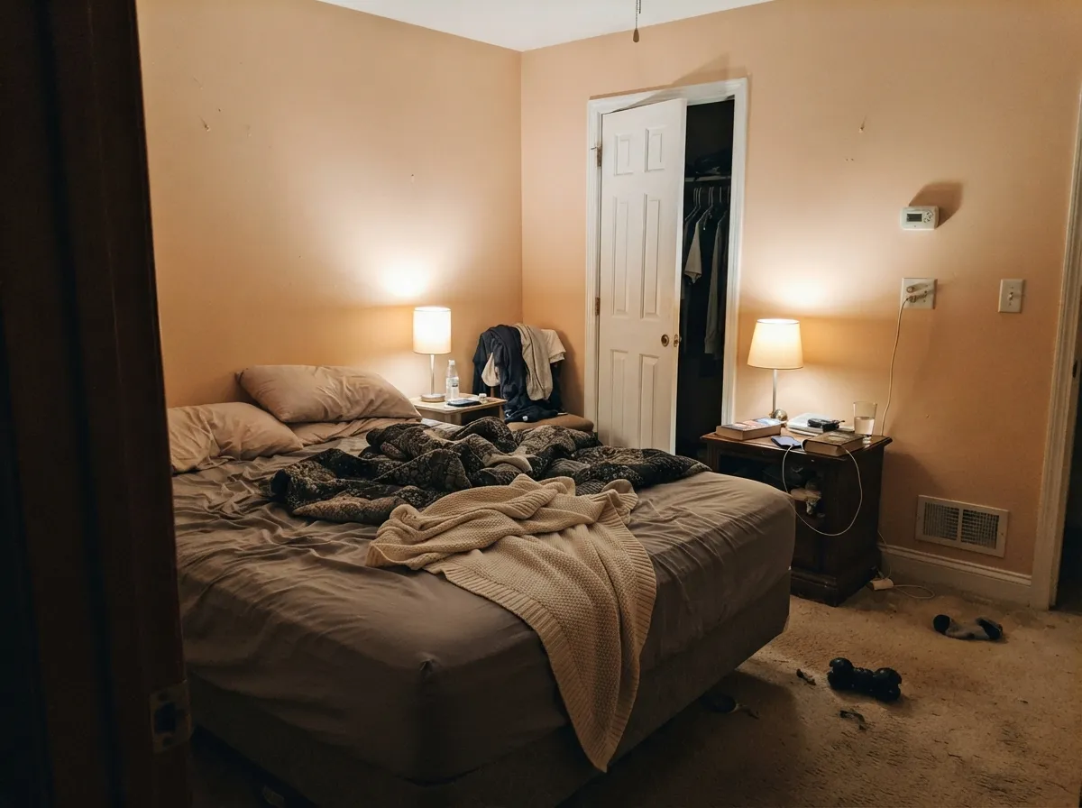 Under a warm 2700K lamp at night the walls turn cozy and sandy — the light this color wants.