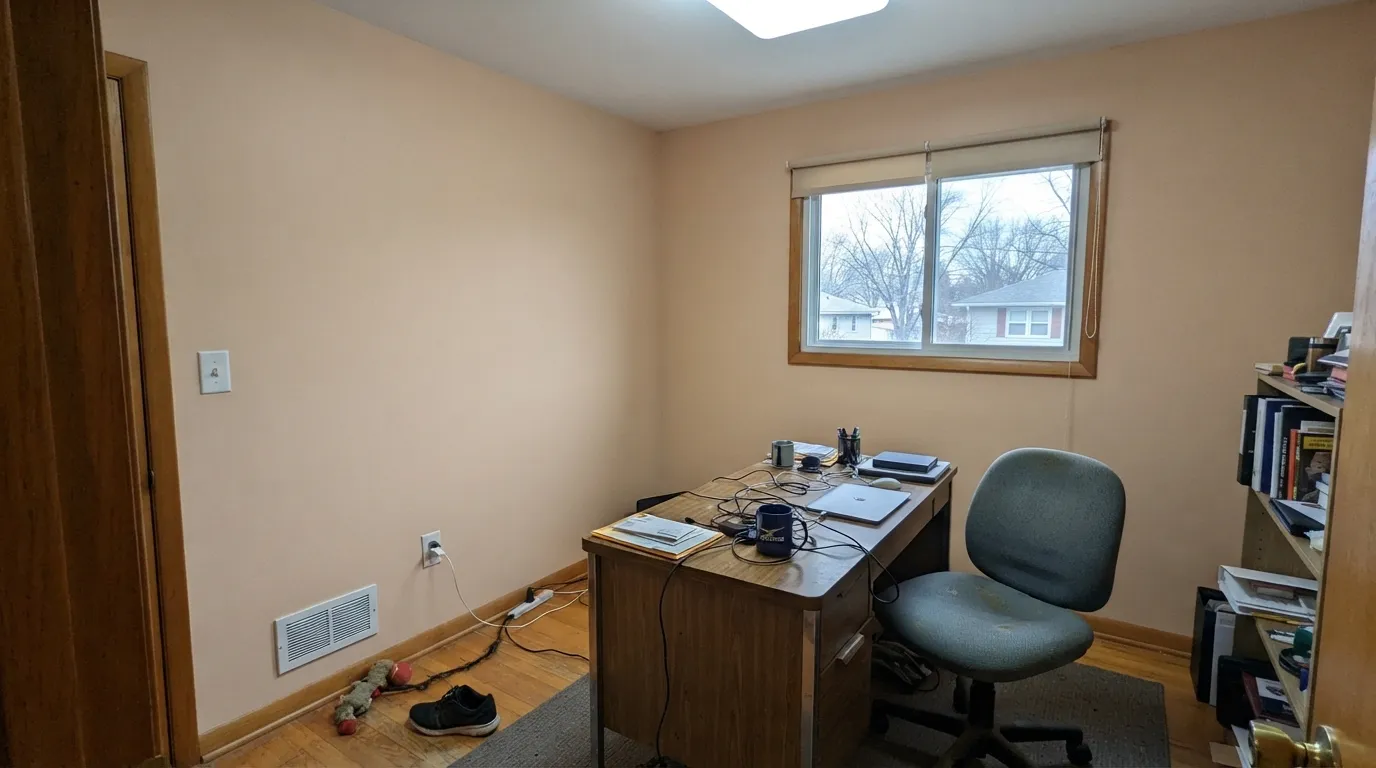 The honest shot: cold north light and a cool LED strip the warmth out and the peach undertone reads dingy pink — the exact complaint pattern this color draws in the wrong room.