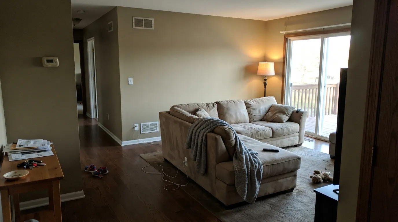 Sculptor Clay carrying an open floor plan into the hallway beyond — real west light keeps the khaki warmth forward from the living room all the way down the hall.