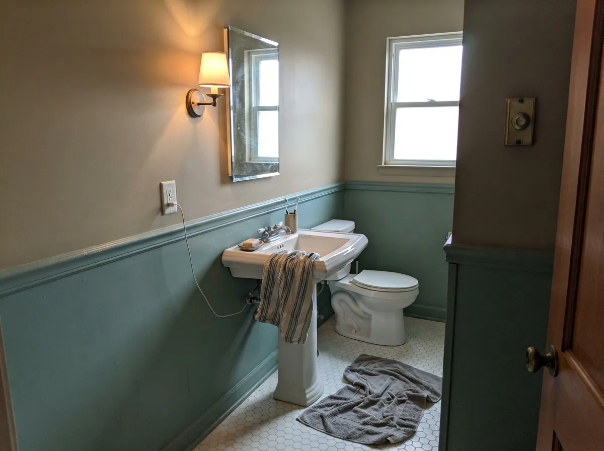 The real pairing owners keep coming back to: Sculptor Clay above green-blue wainscoting. The warm khaki settles right next to the cooler accent instead of fighting it.