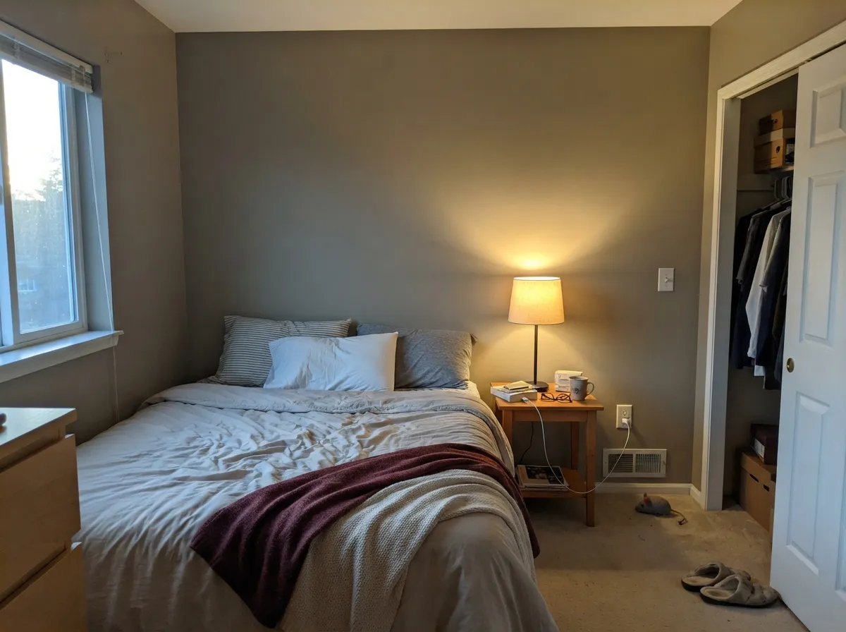 Under a warm lamp at night the khaki comes all the way forward — cozy, not gray, exactly the read renters and owners report.