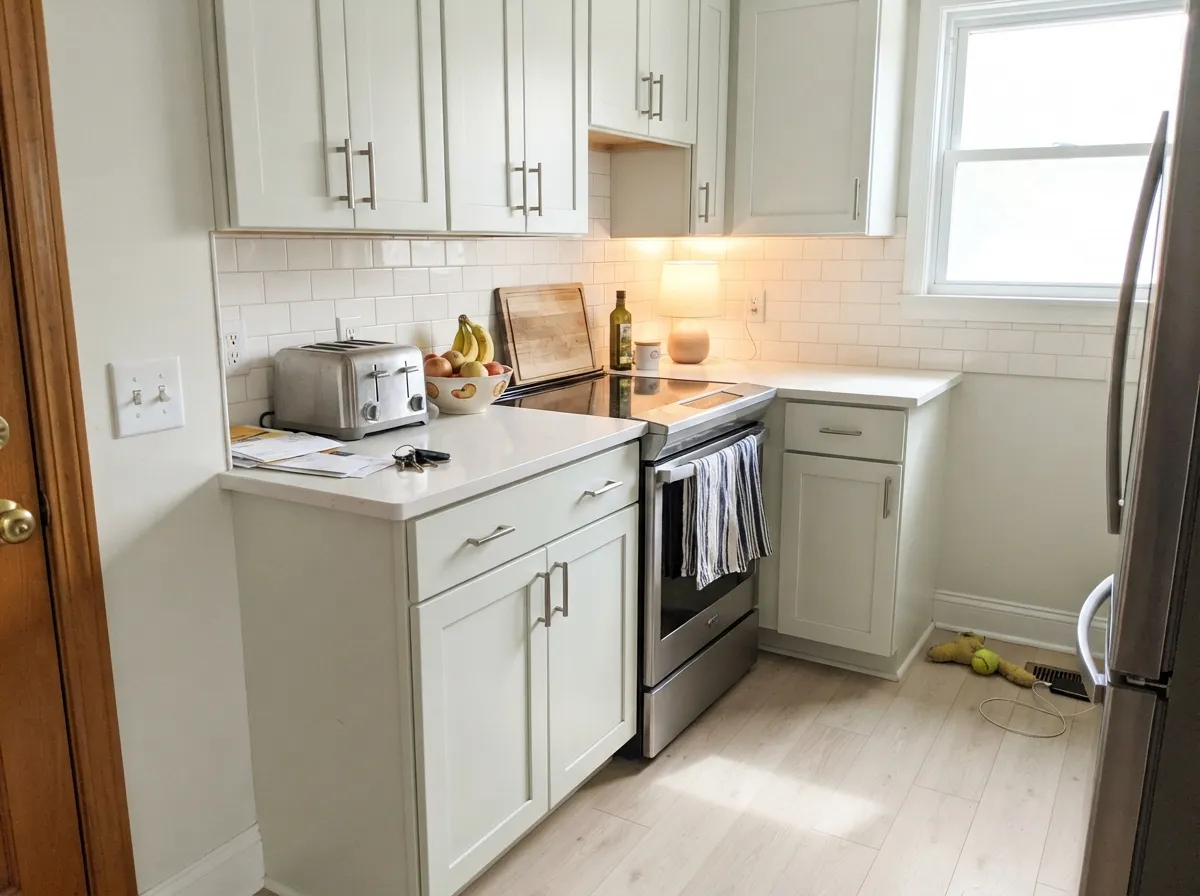 On cabinets it still reads as white, not cream — the Home Depot near-white, as long as the stone stays cool and the oak stays pale.