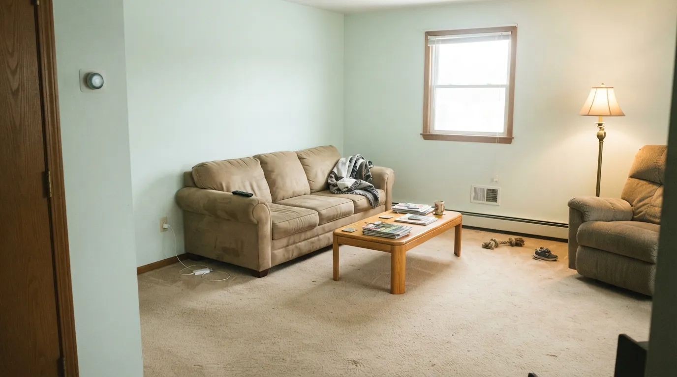 The honest shot: against beige carpet and honey oak the yellow-green comes forward and Behr Sea Salt goes mint — the on-wall surprise this near-white is hiding.