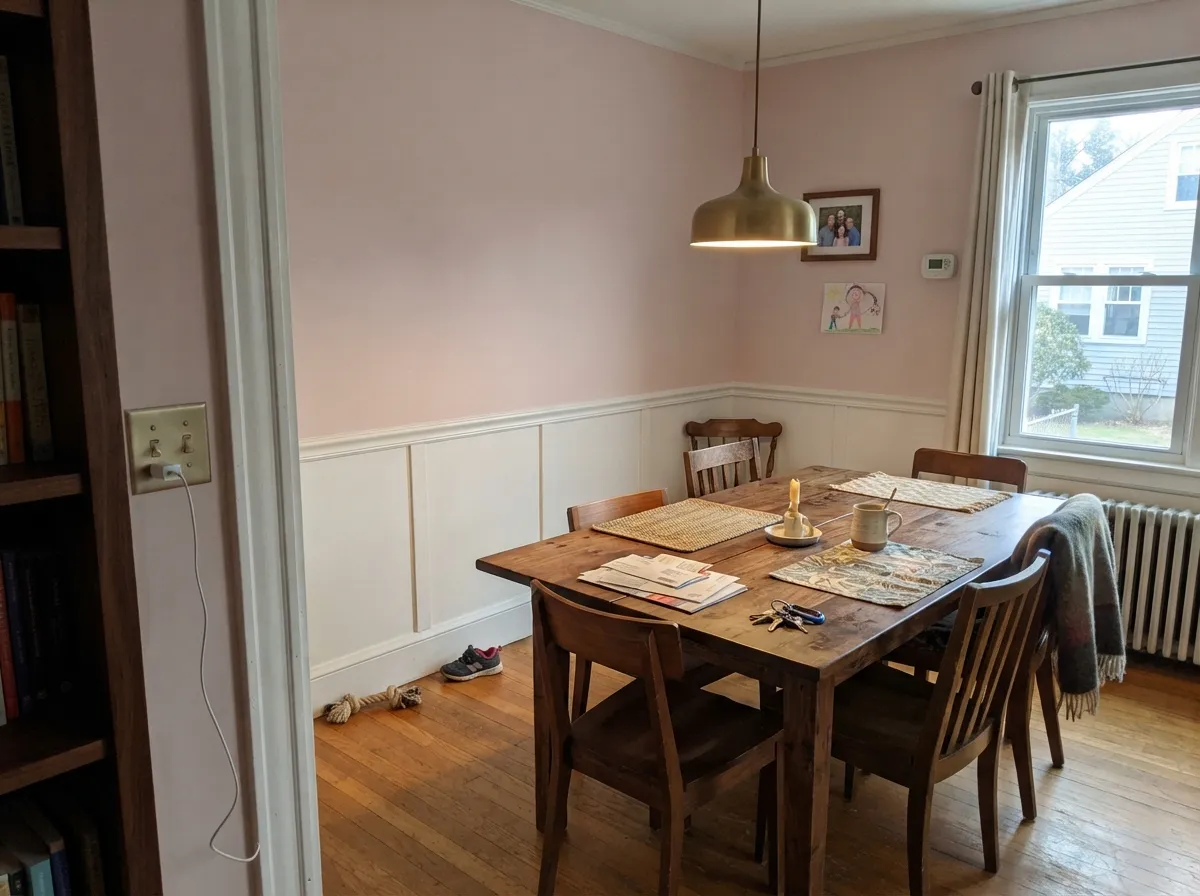 Above white wainscoting with a brass pendant and walnut table, the blush turns soft and formal instead of childish.