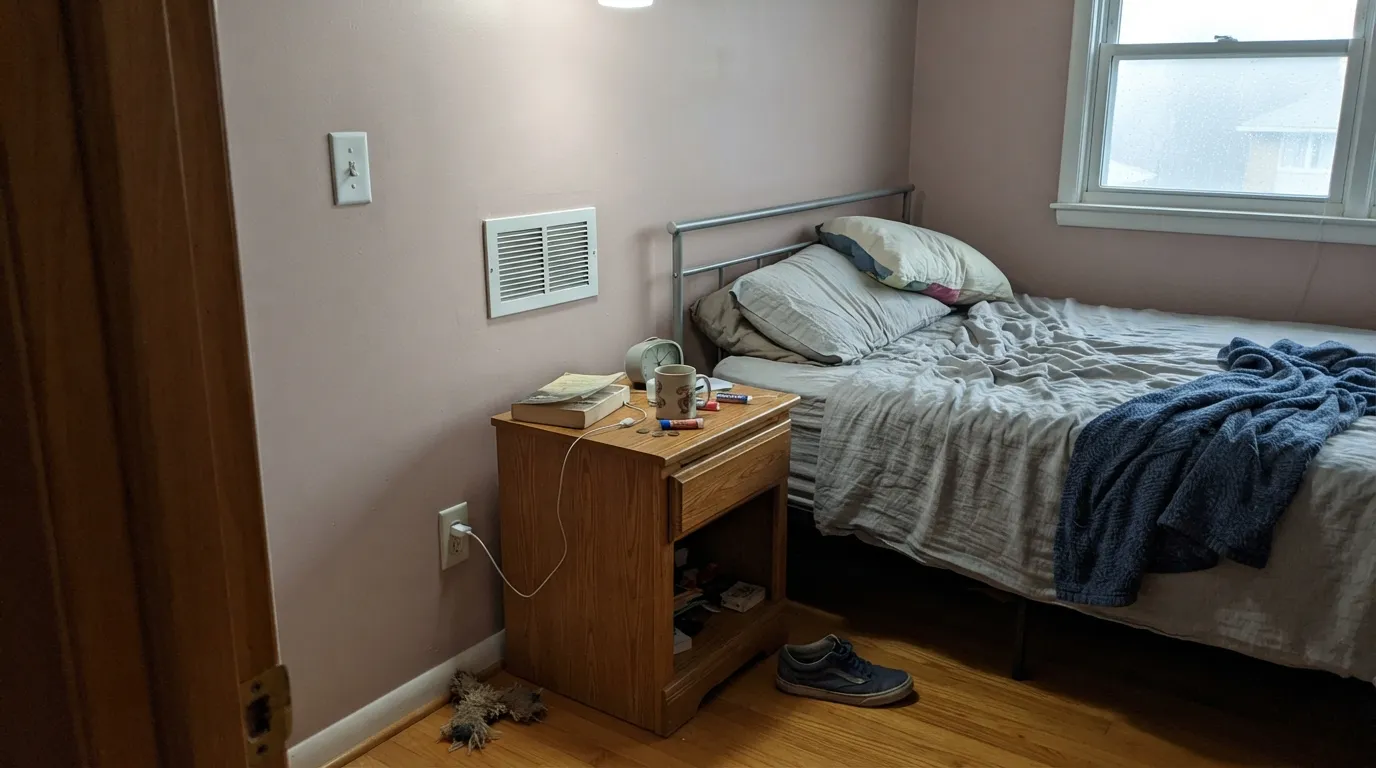 The honest shot: cool light and honey oak flooring together, and the color goes flat and chalky instead of warm — the exact combination behind the "looked pink on the chip, dusty on the wall" complaints.