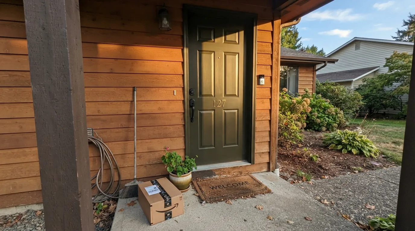 Secluded Woods on a front door in direct afternoon sun — this is the light where the olive-green actually shows instead of collapsing to black.