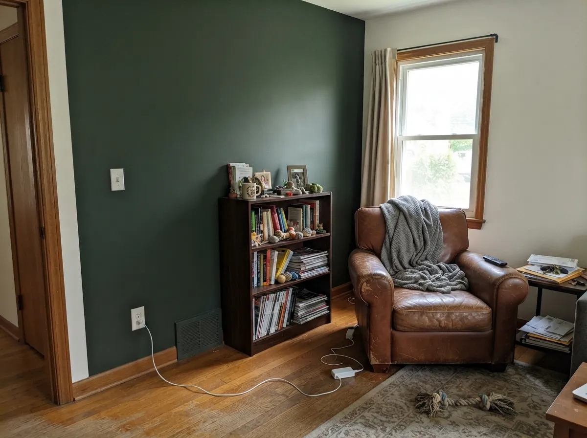 One accent wall, real daylight from a nearby window, and a warm white trim keep the color from tipping into cave territory.