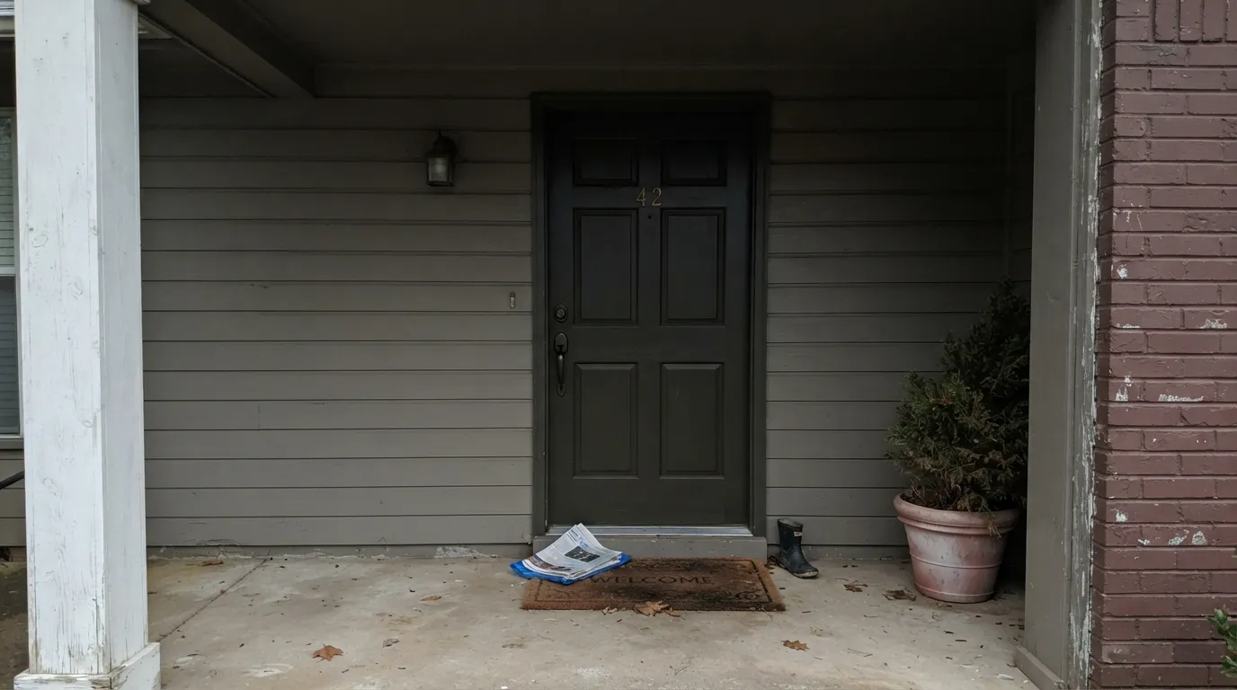 The honest shot: the same paint, no direct light. Under an overcast sky and a covered porch, Secluded Woods just reads black — the single most common surprise owners report.