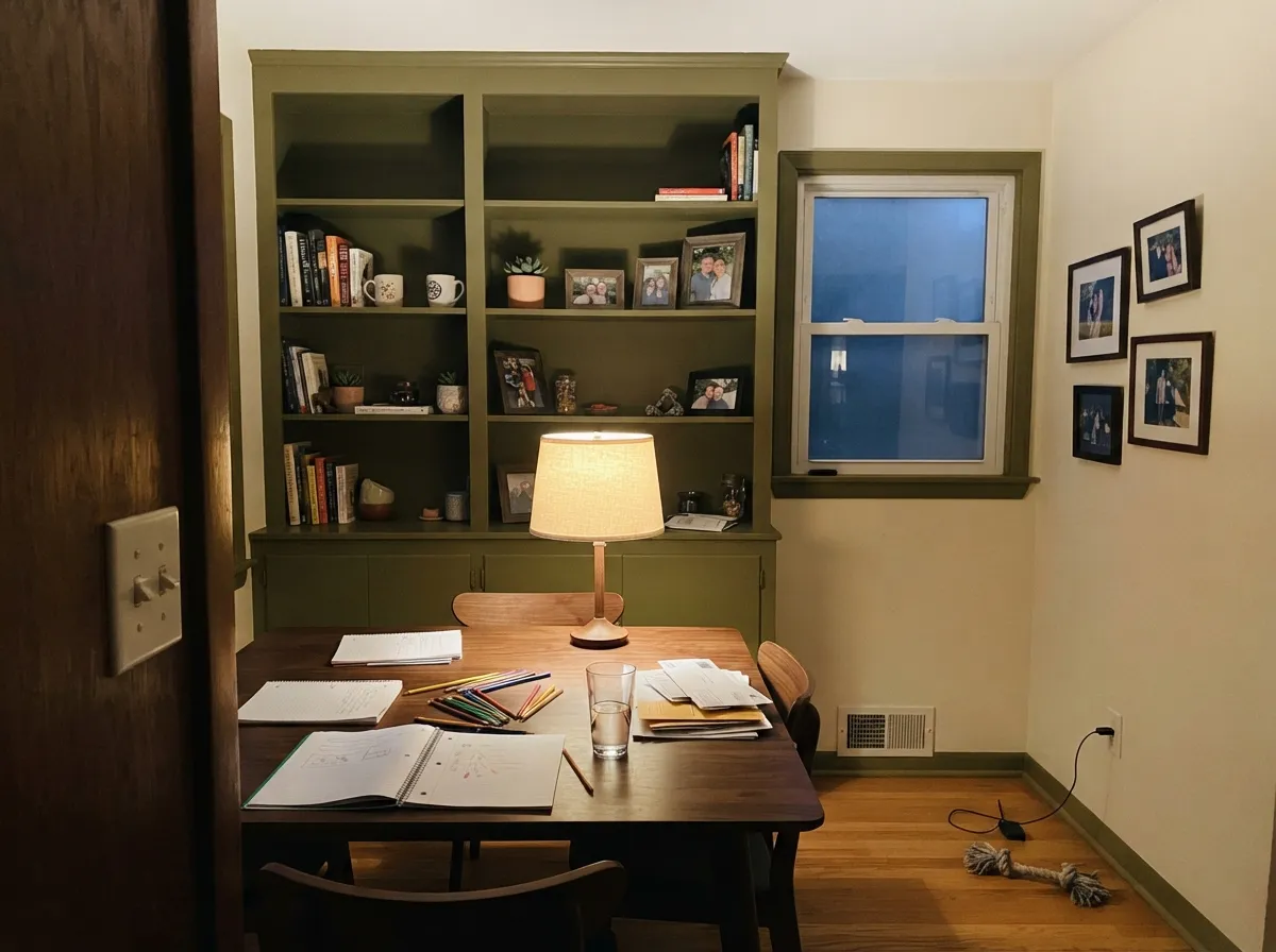 On dining-room built-ins the olive reads custom and expensive — the room stays bright while the millwork carries the moss.