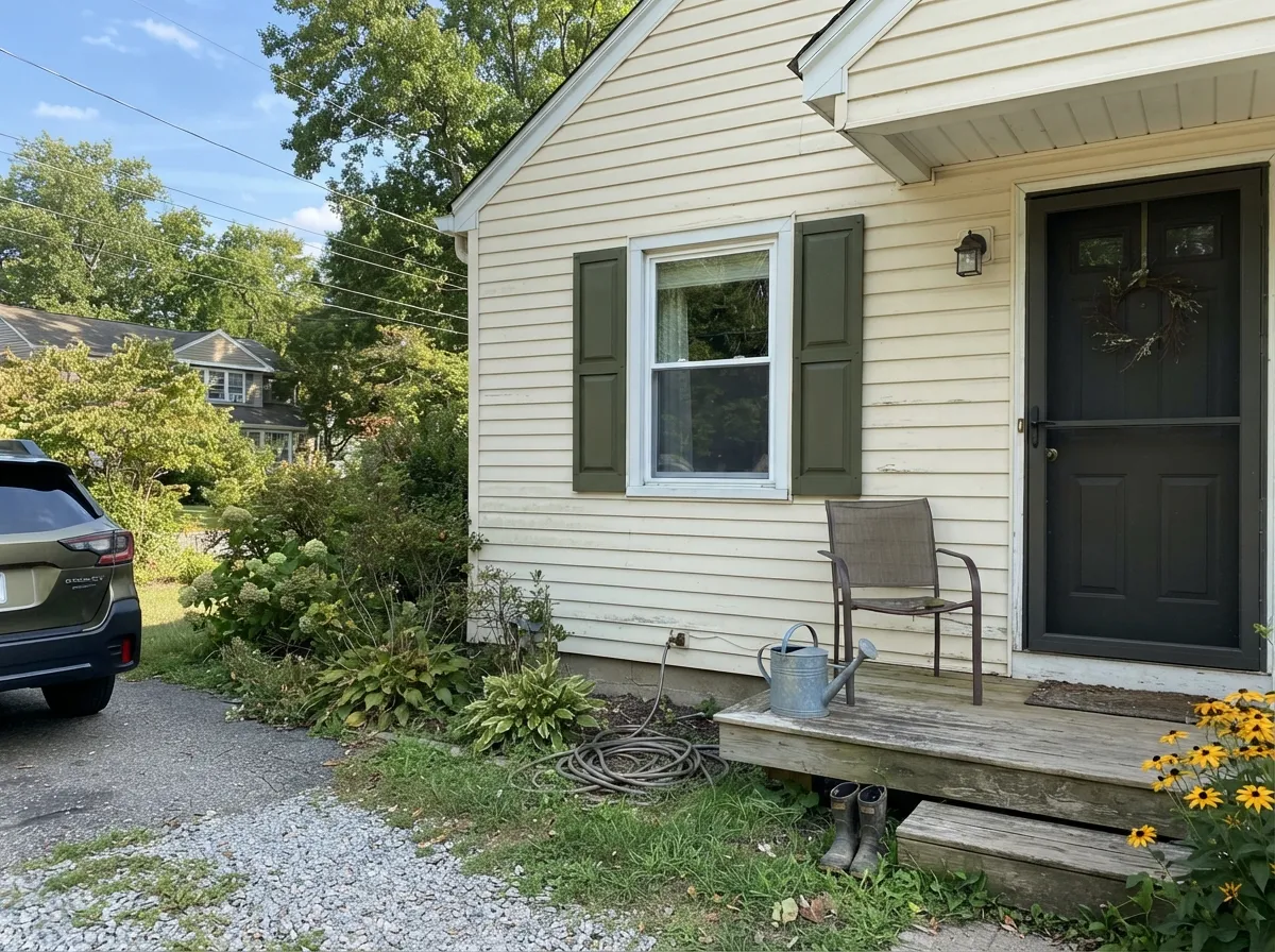 Full sun lifts the gold-green out of Secret Meadow shutters — the outdoor job this color was built for.