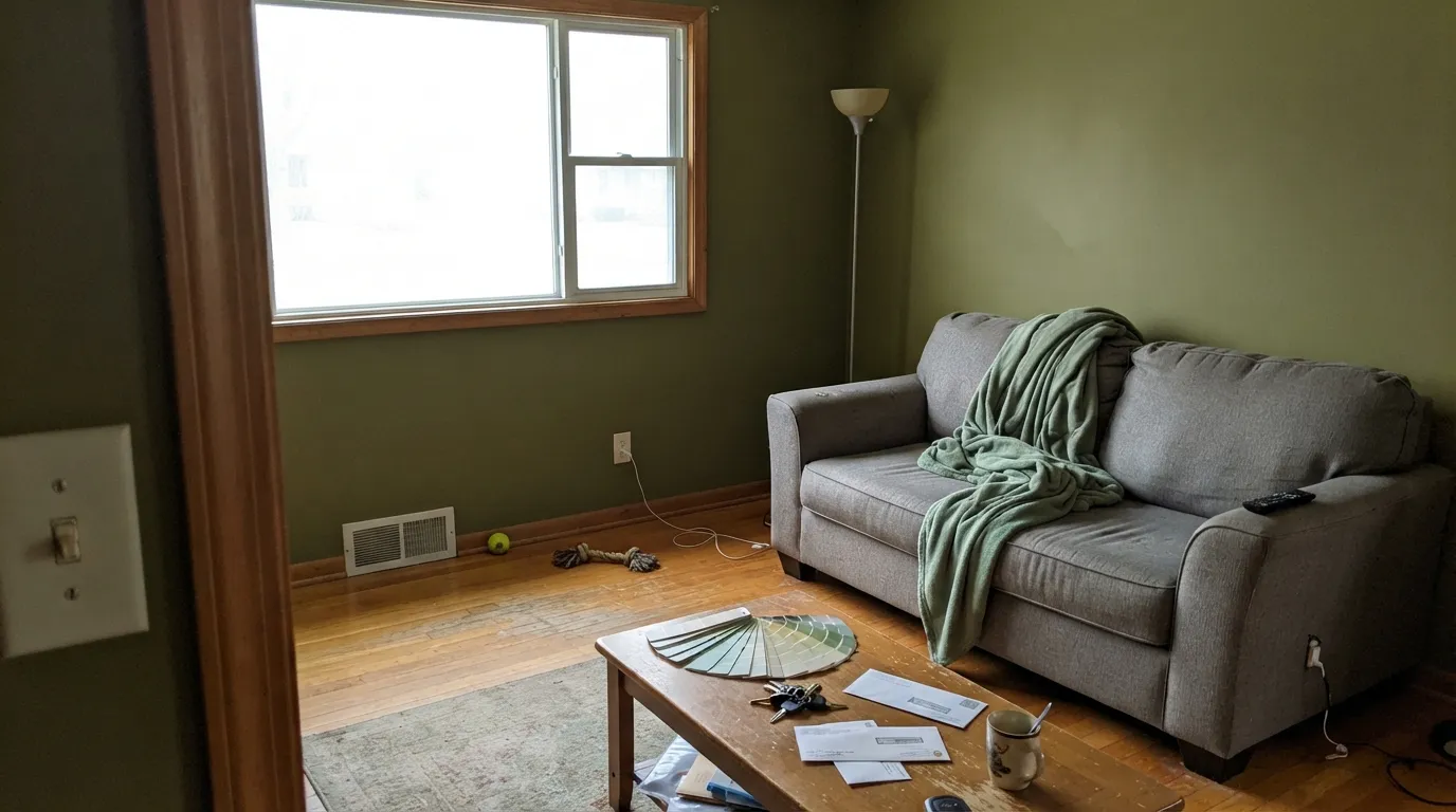 The honest shot: on four walls Secret Meadow is olive-gold, not sage — the chip looked gray-moss, the room looks khaki meadow.