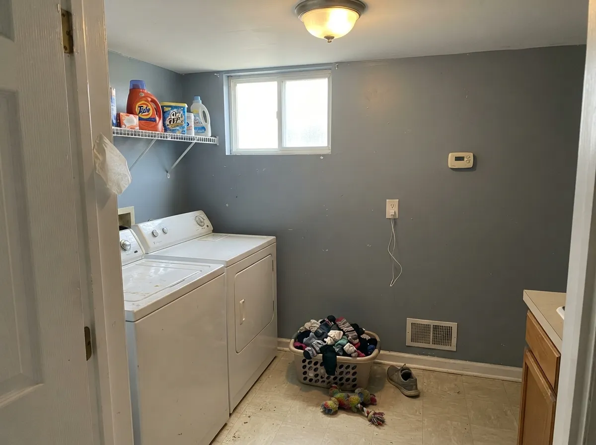 In a daylight laundry it reads clean, not leftover — mid-light enough to hide splash, airy enough not to close the room in.