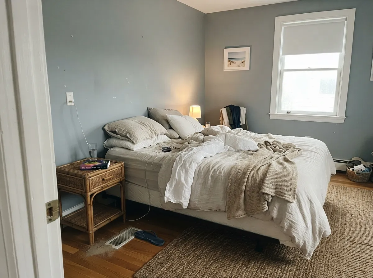 In a morning-lit bedroom it stays powdery coastal — dusty blue, not a theme, not icy.