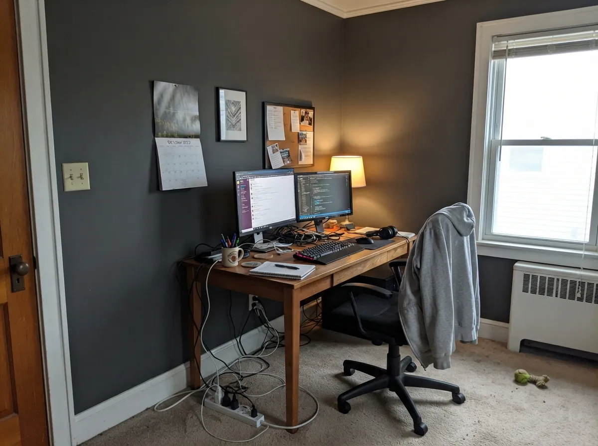 In a lamped office the charcoal goes cinematic instead of black — this is the indoor job that actually works at LRV 10.
