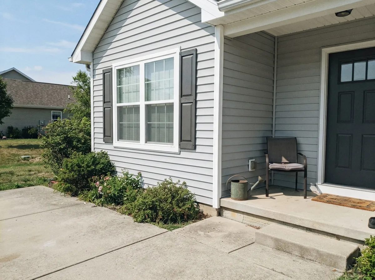Full sun lifts the gray out of Shadow Mountain shutters — charcoal from the curb, not another black house.