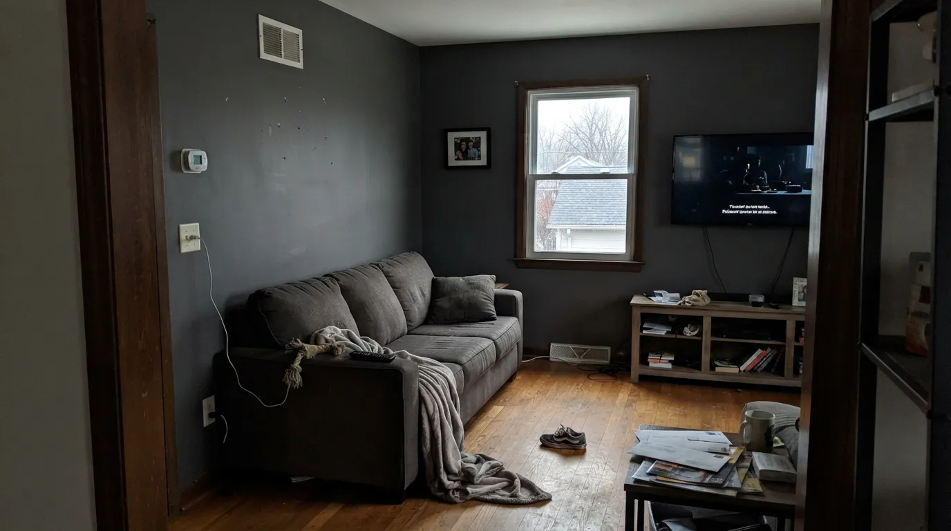The honest shot: on four walls with no lamps, LRV 10 goes cave-black — the gray on the chip is gone, which is the number-one way this color fails indoors.