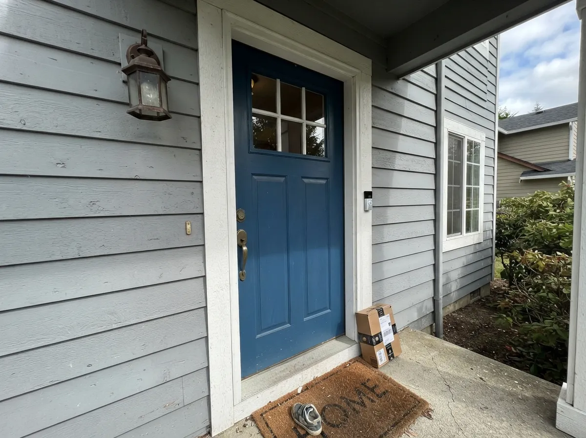 The smaller version of the same idea — a blue entry door against white trim, with brass hardware doing the warming.