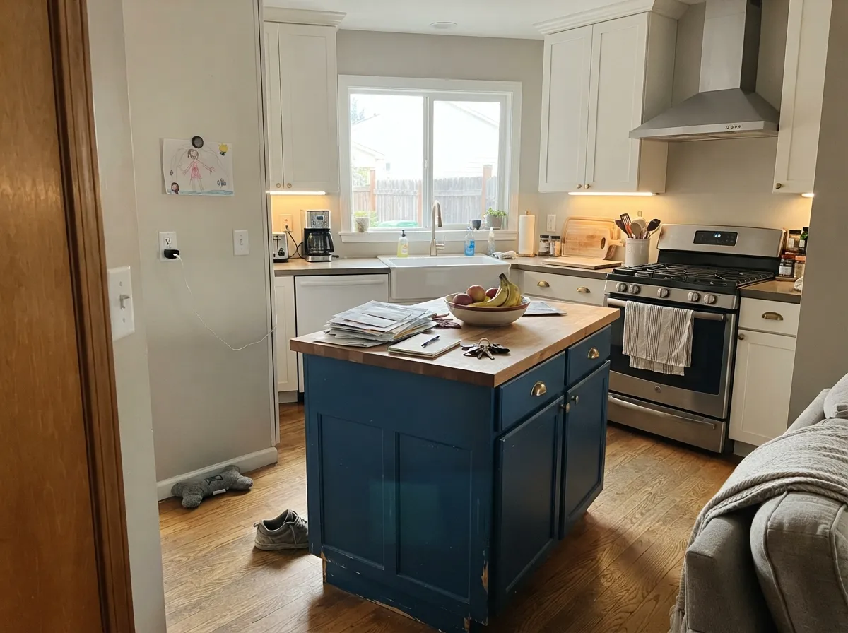Indoors it works best in one dose — a blue island under warm white cabinets keeps the color without darkening the room.