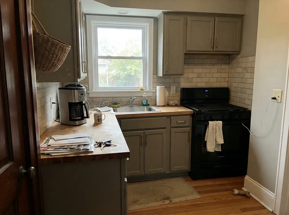 On cabinets, warm wood and brass keep the gray-olive from ever reading cold.