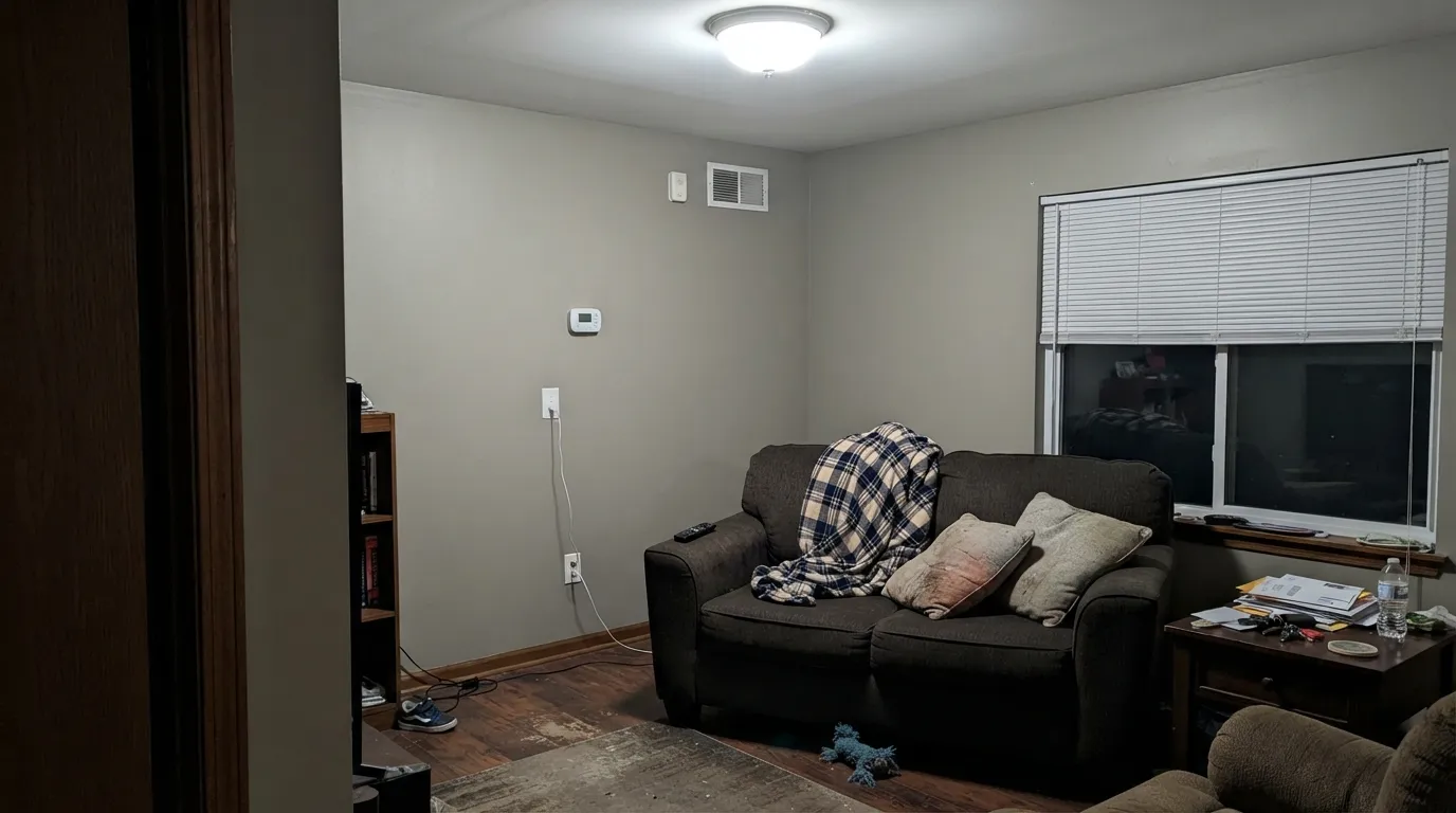 The honest shot: cool LEDs with no warm light source flatten the olive out and leave a plain, slightly cold gray — the one situation that disappoints.