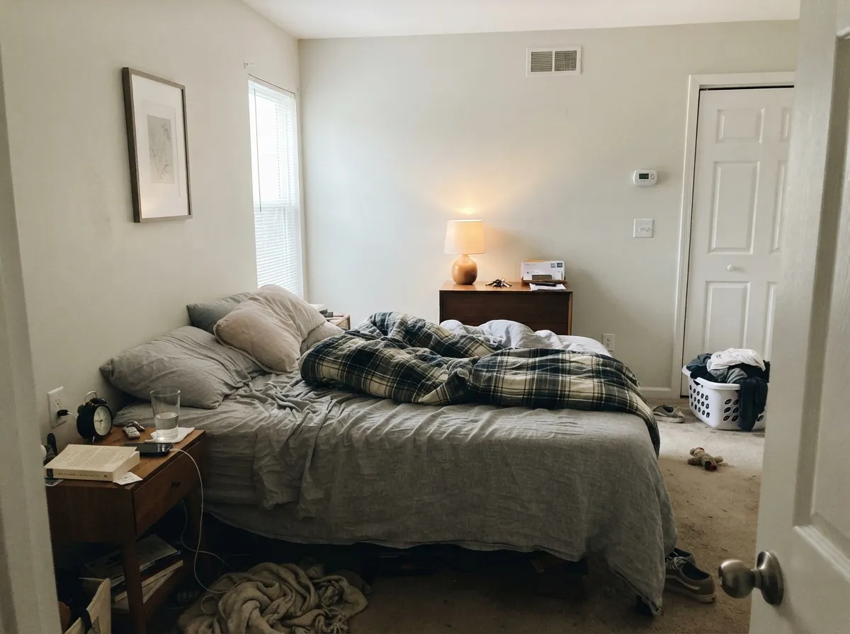 In a north bedroom the extra body holds — more color than a thin white, still restful, no hospital glare.