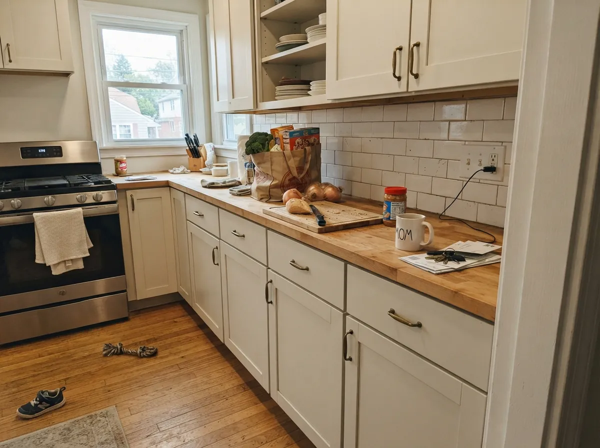 On cabinets it is the cheap farmhouse look — satin Shoelace with brass and butcher block, as long as no brighter white sits next to the doors.