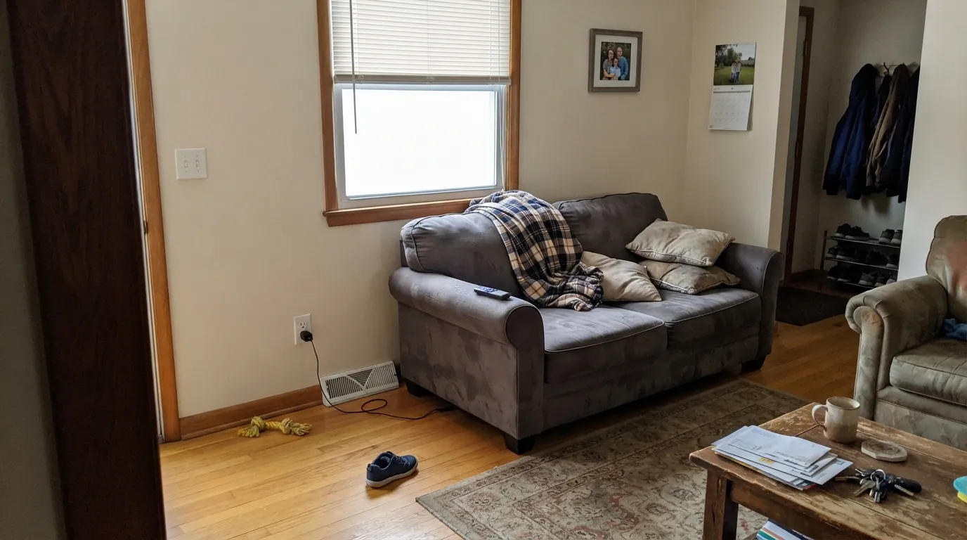 The honest shot: in a shaded west room over honey oak, Shoelace goes yellow — the exact Houzz complaint, not a bad mix.