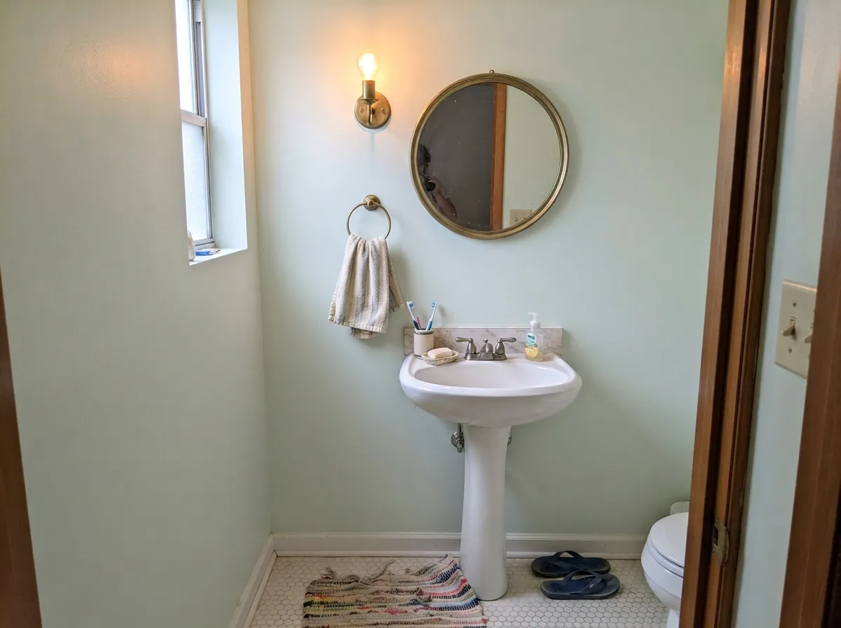 Its best small job: a spa-quiet powder room where brass and warm stone keep the whisper of green feeling deliberate, not accidental.