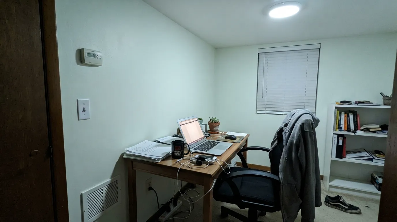 The honest shot: under cool LED light with no warm lamp to counter it, Silence loses its hush and reads institutional — the exact complaint behind most of its bad reviews.