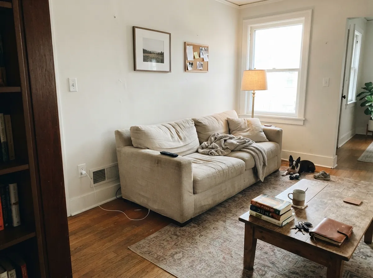 In real daylight the cream and gray stay balanced — calm and warm without tipping bright or yellow.