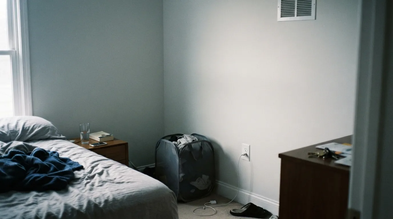 The honest shot: dim north light with no warm bulbs to answer it, and the gray backbone shows through as a faint cool cast in the shadowed corner.