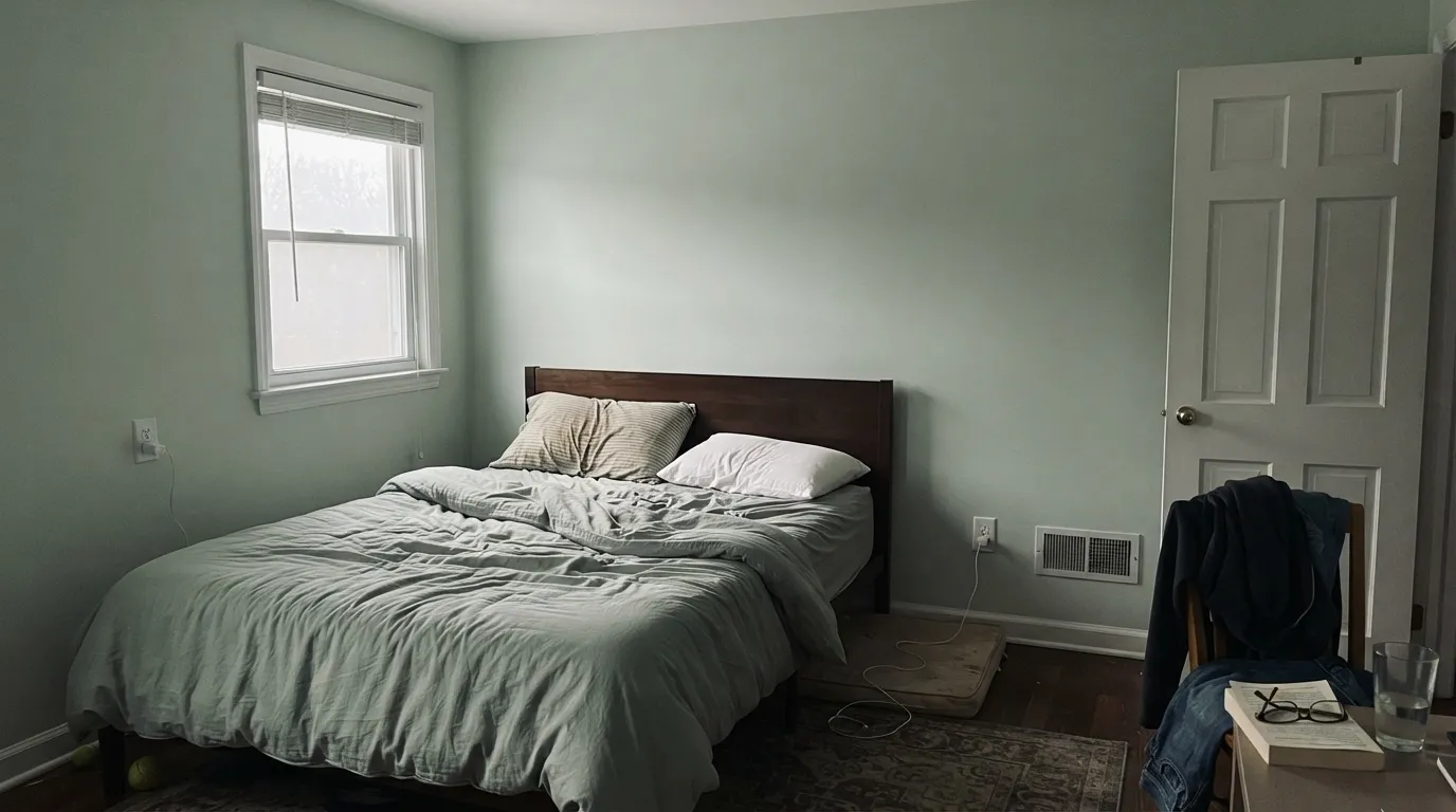 The honest shot: Silver Ash is not silver. Cool north light wakes the sage and the walls go minty — the exact surprise for anyone who picked it as a gray-white.