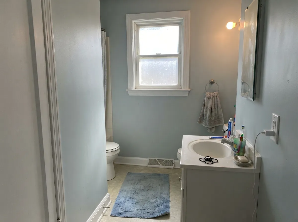 South light keeps Silver Bullet a clean silver-gray — the spa-adjacent bath read, not the lavender one.
