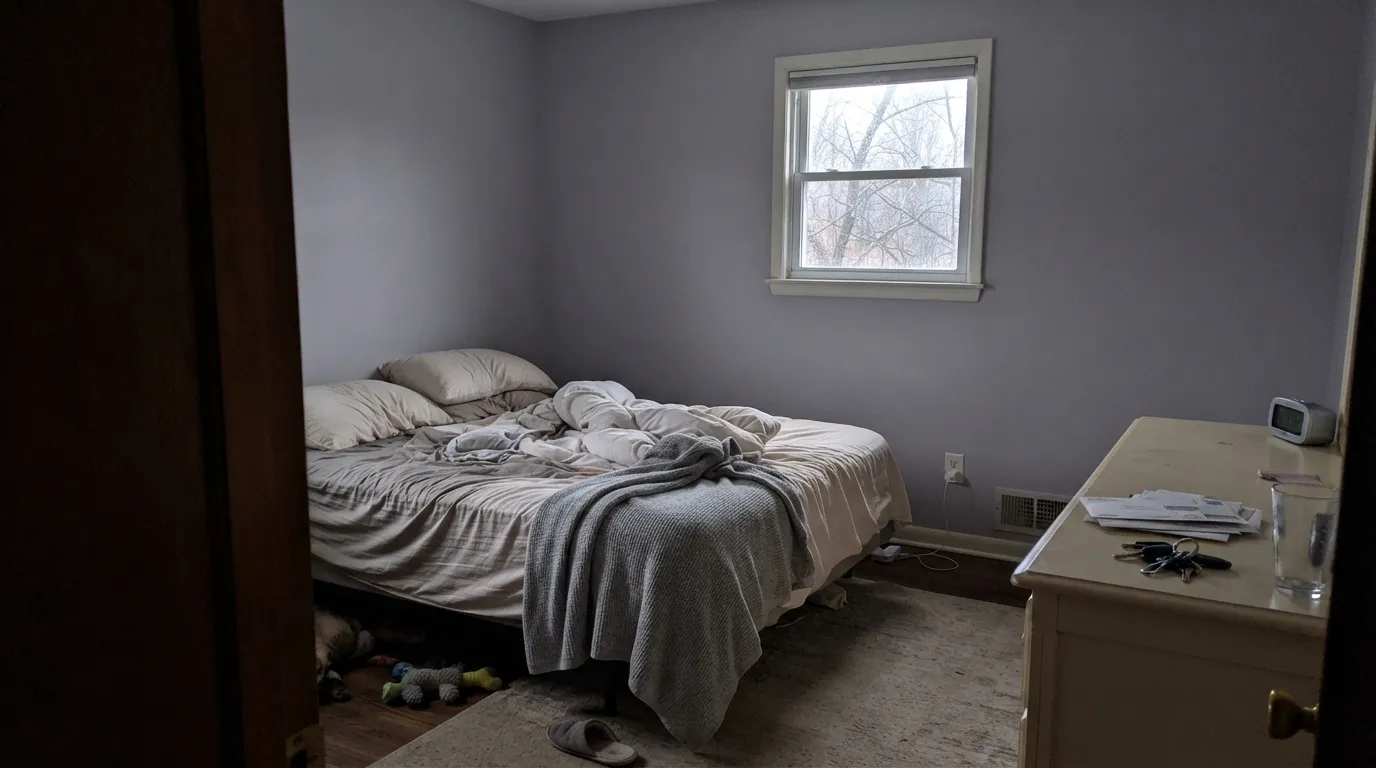 The honest shot: in a dim north room with no lamps, Silver Bullet goes muted lavender-gray — the exact warning on the Home Depot listing.