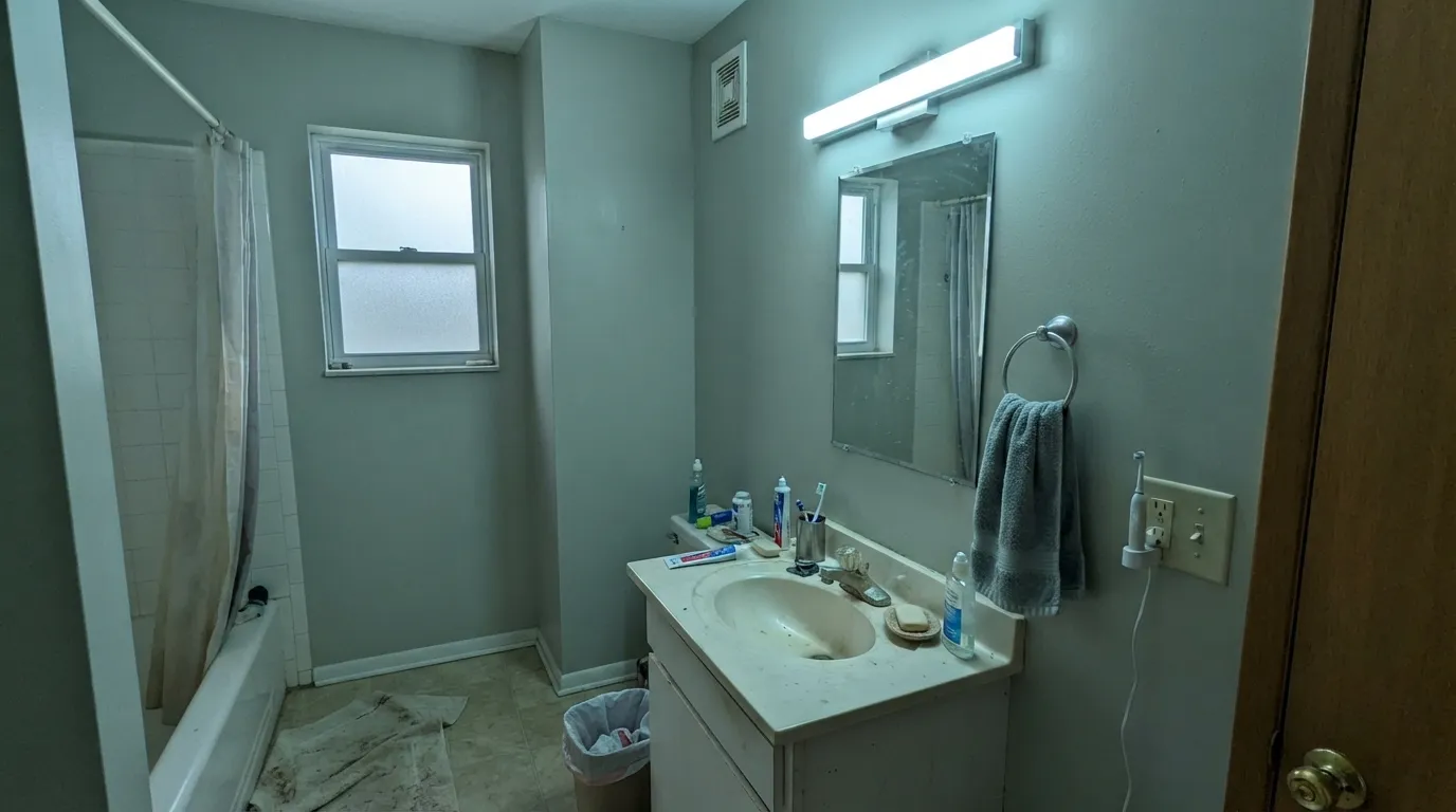 The honest shot: cool morning light and LED vanity bulbs pull out the green-blue flash behind the "can't decide what color it is" reputation.