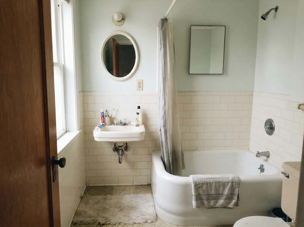 With white tile and chrome fixtures — its best-behaved pairing — the green stays cool and quiet instead of arguing with anything warm.