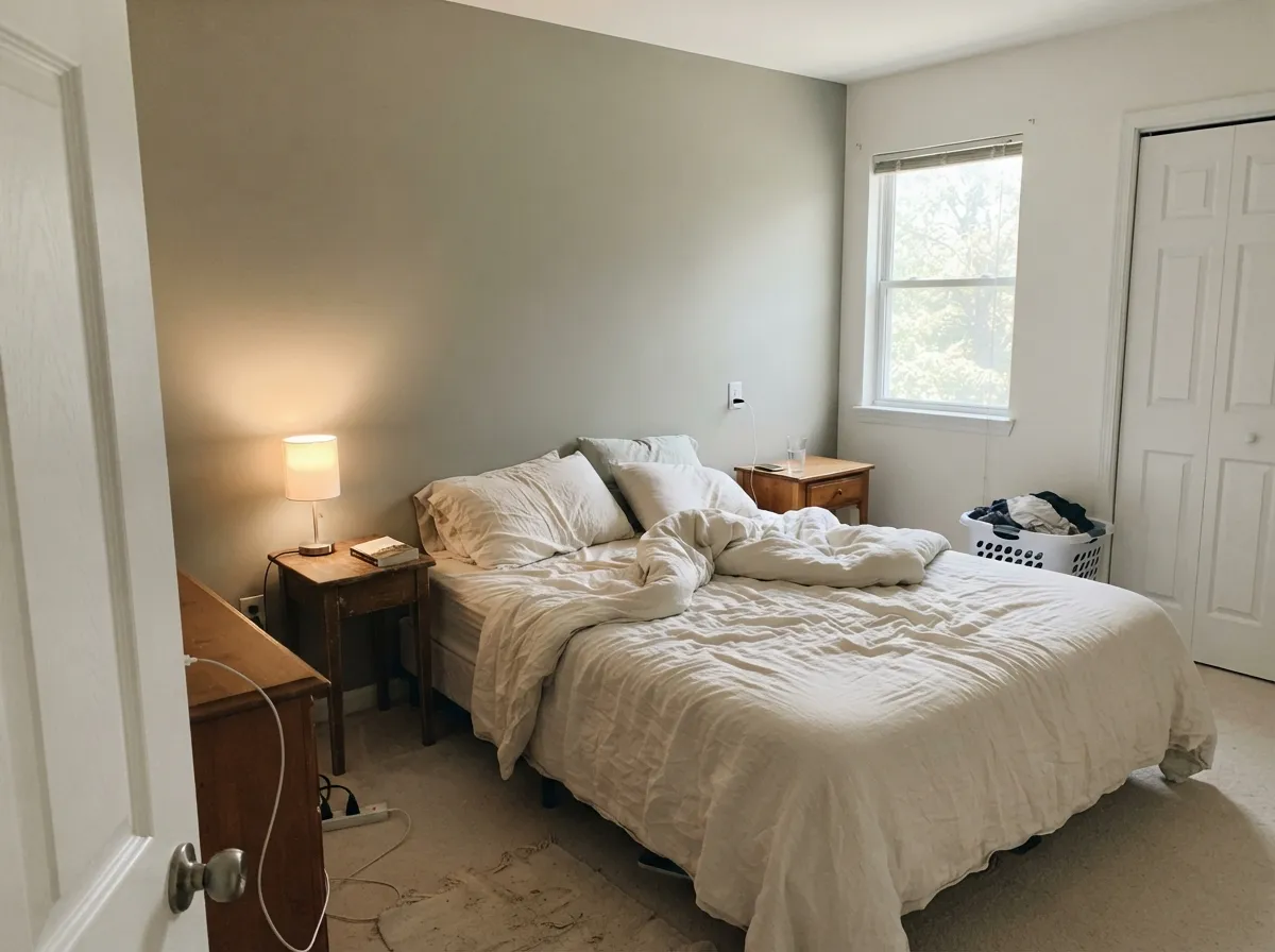 One committed wall at LRV 38 — deep enough to hold color without going mint, gray enough that the rest of the room can stay White Dove.
