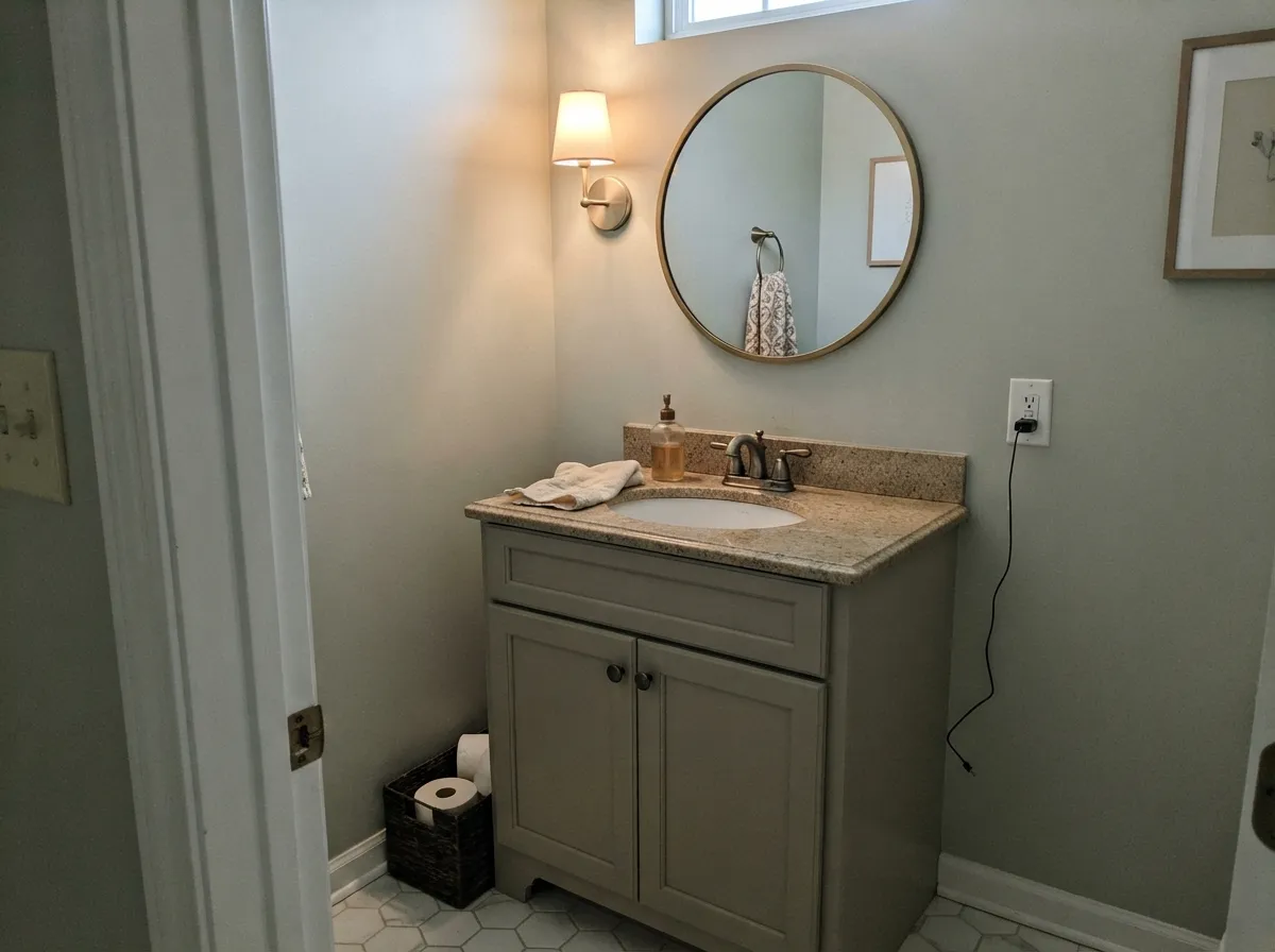 The easy win: a Simply Sage vanity in a room you can light on purpose — custom-looking without betting the house on four walls of gray-sage.